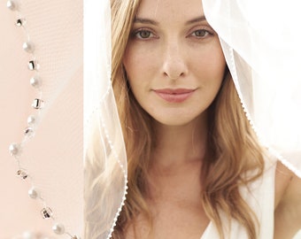 Pearl and Crystal Beaded Wedding Veil • Light Ivory 2-Tier Blusher • Fingertip Length • 5087