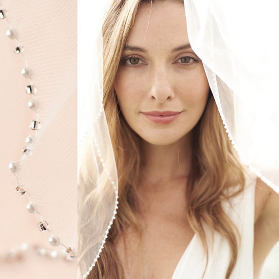 Pearl and Crystal Beaded Wedding Veil • Light Ivory 2-Tier Blusher • Fingertip Length • 5087