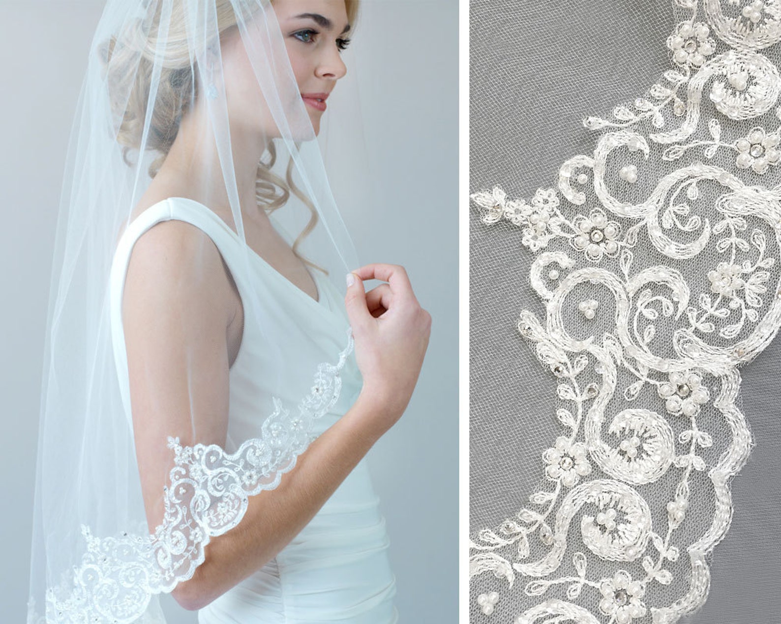 Pearl Lace Wedding Veil Rhinestone Bridal Veil Lace Etsy