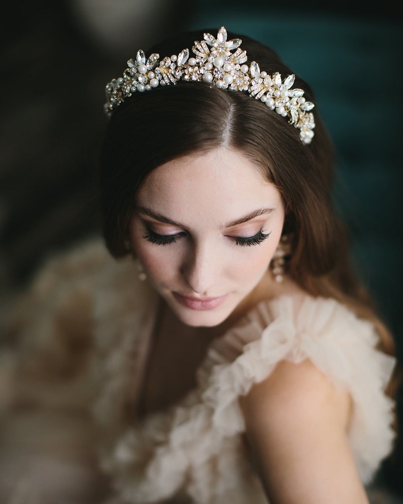 Pearl & Crystal Wedding Crown Bridal Tiara Pearl Wedding Headpiece Crystal Wedding Crown Bridal Headpiece Floral Crown 3436 image 1