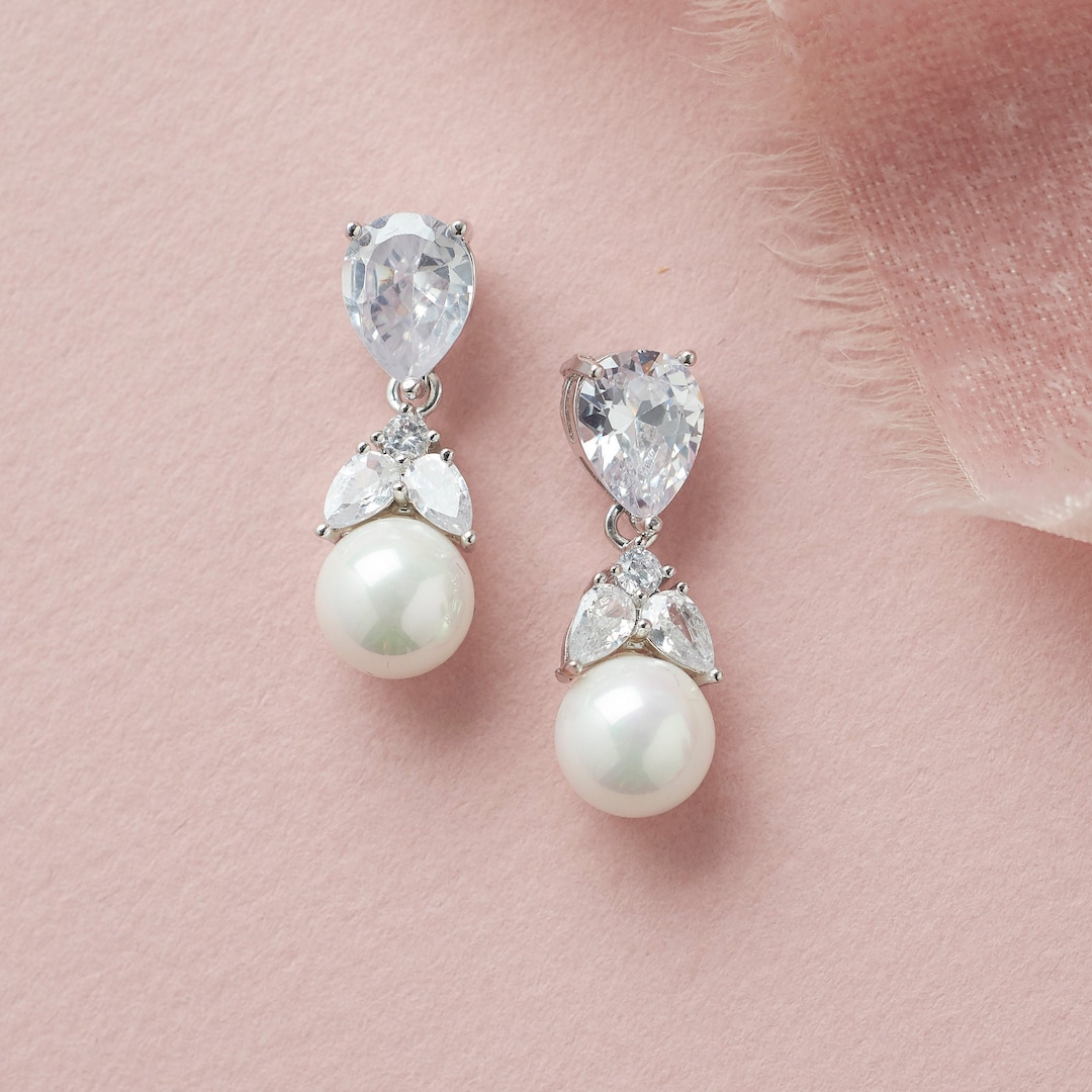 Pearl Drop Bridal Earrings, CZ Pearl Wedding Earrings, CZ Pearl Bridal