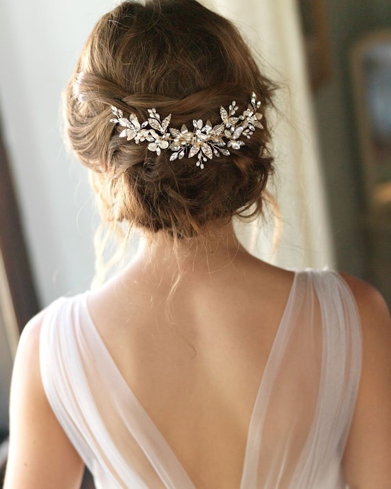 Perles Mariage Peigne à Cheveux Cristal Robe de Mariée Accessoires Floral Doré 