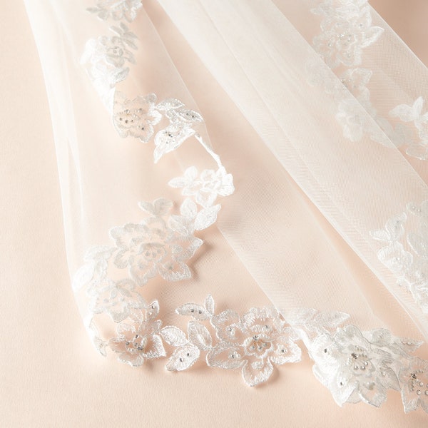 Lace Wedding Veil, Lace Cathedral Veil, Fingertip Length Veil, 1 Layer Lace Veil, Pearl & Crystal Veil, Bridal Beaded Veil, Lace Veil ~5098