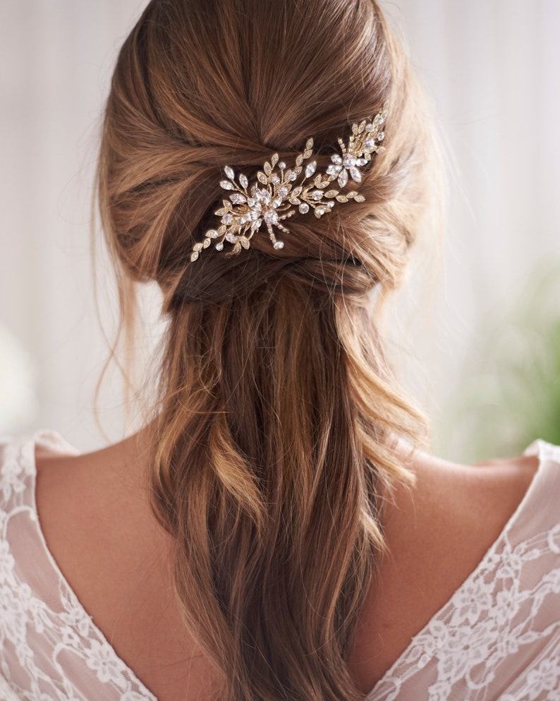 Gold Crystal Wedding Hair Clip, Crystal Bridal Hair Clip, Floral & Crystal Wedding Hair Clip, Bridal Hair Clip, Wedding Hair Clip TC-2432 image 4