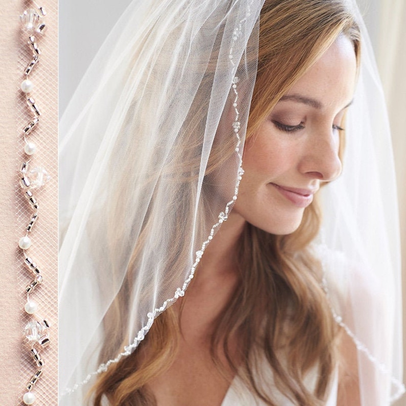 Wedding Veil 1 Layer Crystal Wedding Veil Pearl Bridal Etsy