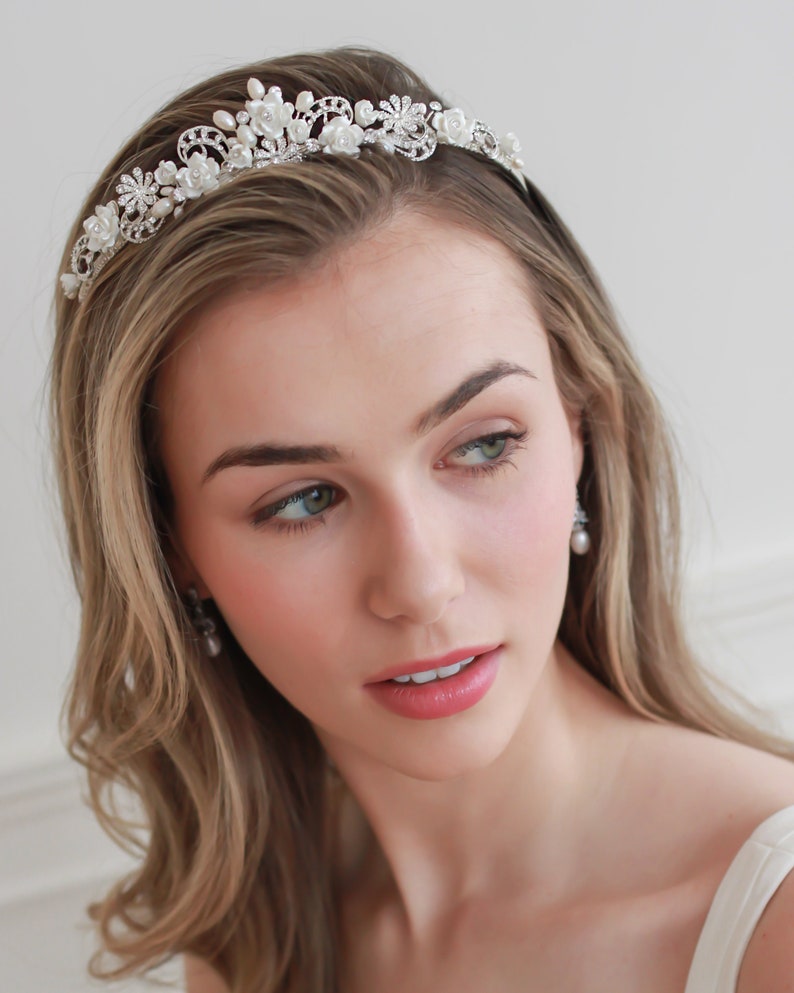 Rhinestone & Pearl Wedding Tiara, Bridal Hair Accessory, Pearl Bridal Tiara, Floral Wedding Crown, Flower Crown, Bridal Headpiece TI-3235 image 2