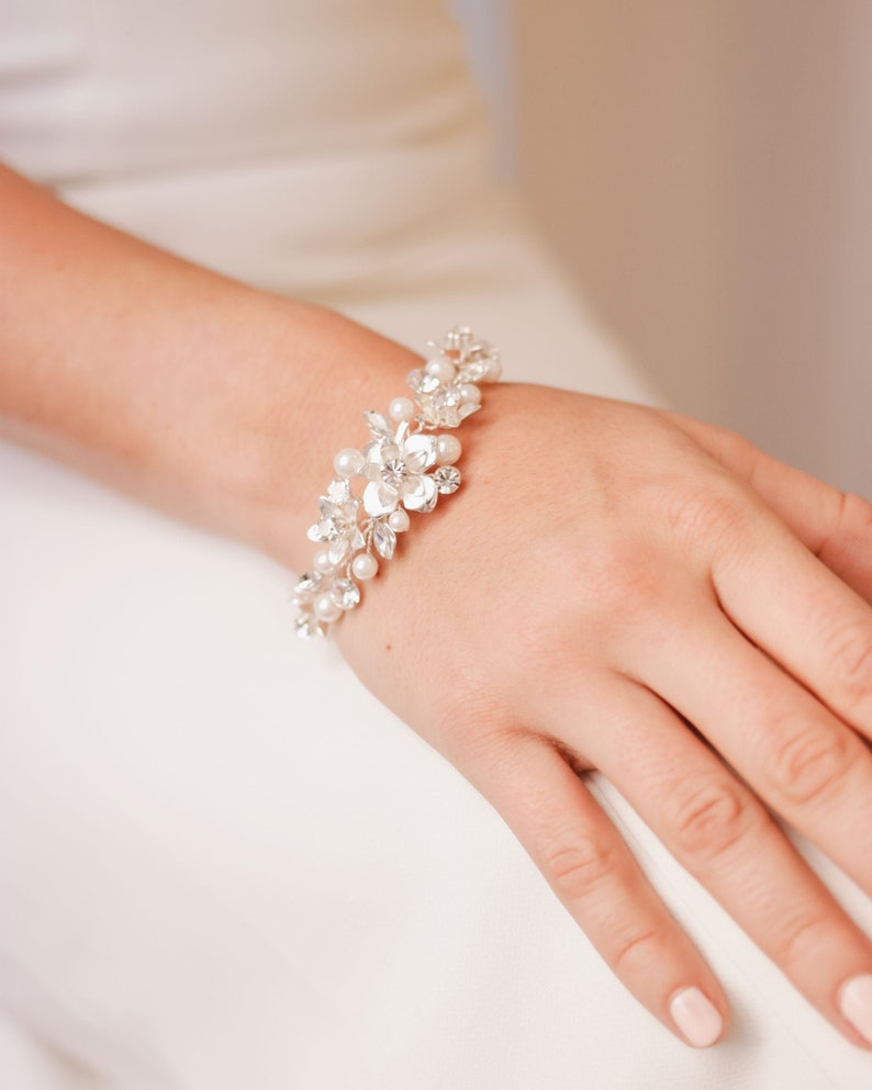 Floral Wedding Bracelet, Pearl & Crystal Bridal Bracelet, Floral Bridal Bracelet, Floral Pearl Wedding Bracelet, Pearl Bridal Bracelet4881 image 1