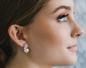 CZ Pearl Stud Earrings • Small Wedding Earrings • Pearl Bridal Earrings • Pearl Bridal Studs • Floral Studs • Bridesmaid Earrings • 4445