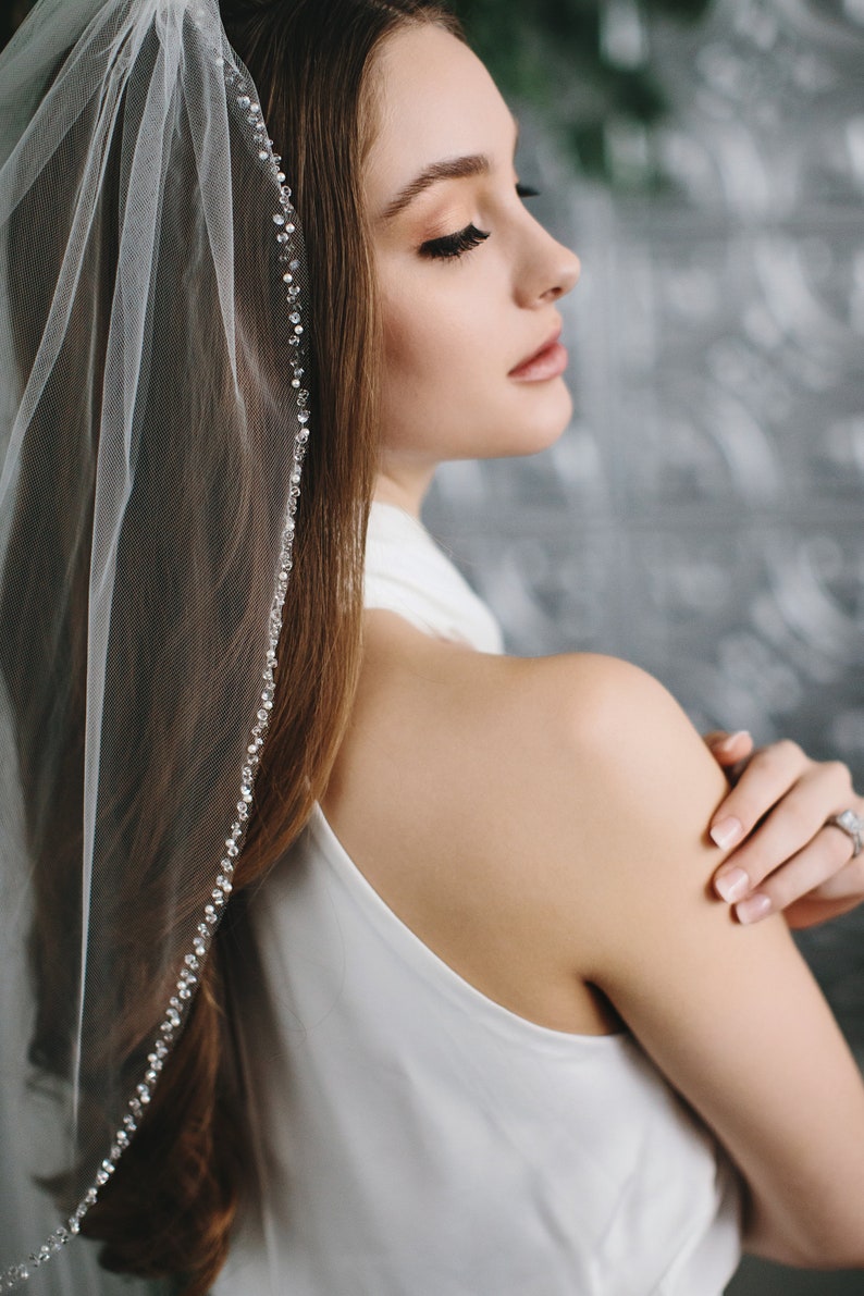 Pearl Wedding Veil, Crystal Bridal Veil, Beaded Veil, Ivory Veil, White Veil, Elbow Veil, Fingertip Veil, Cathedral Veil, Bridal Veil5008 image 4