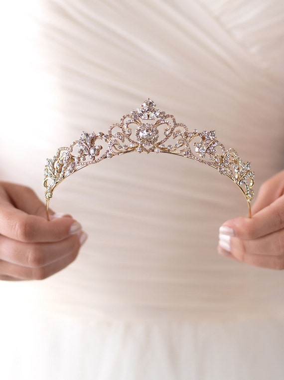 Gold Rhinestone Wedding Tiara, Royal Bridal Crown,