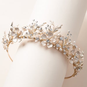 Gold Pearl Tiara, Gold Freshwater Pearl Wedding Crown, Gold Floral Bridal Tiara, Bridal Hair Accessory, Wedding Headpiece - TI-7049