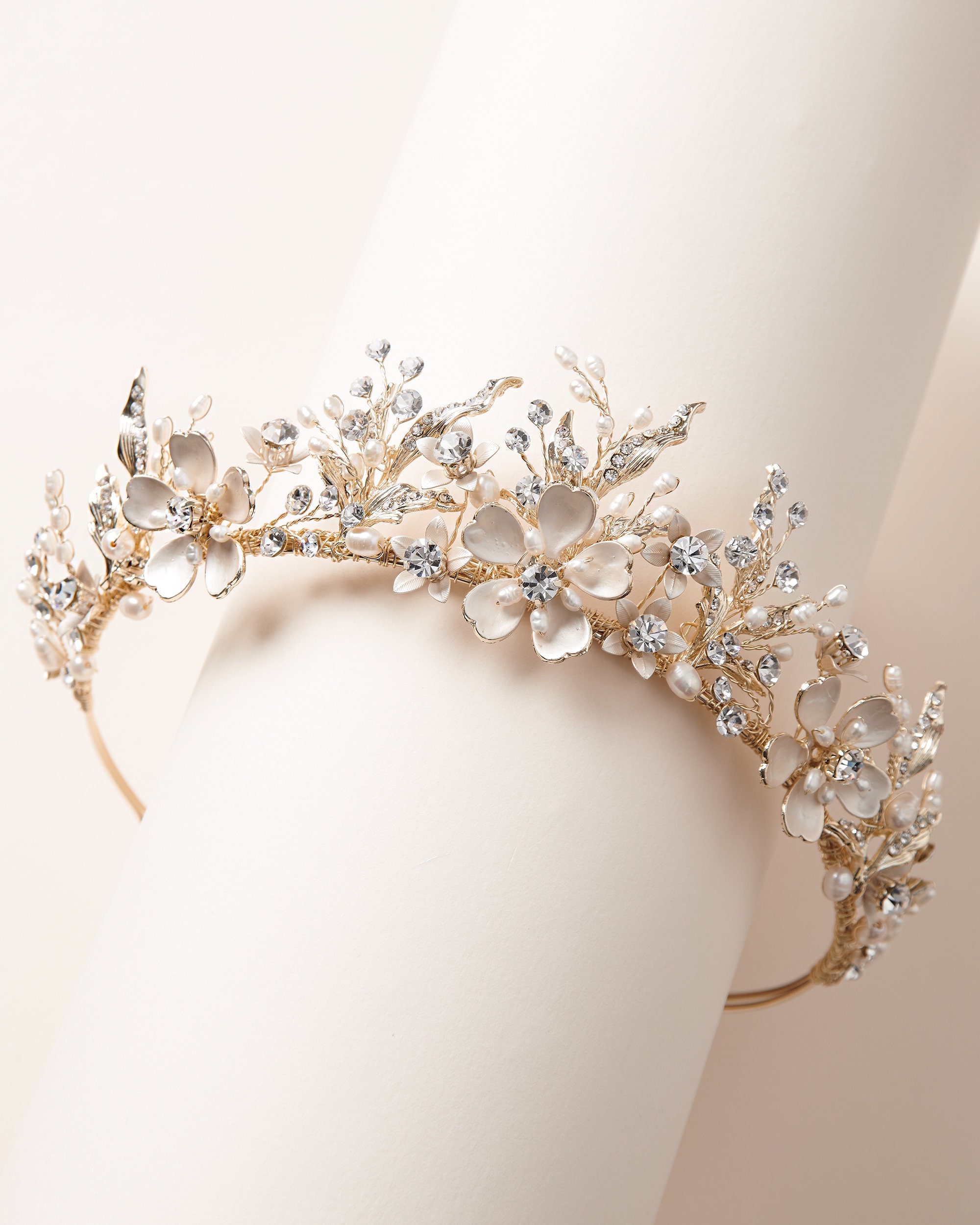Silver or Gold Pearl Wedding Bridal Necklace & Tiara Set SALE! Floral Design 