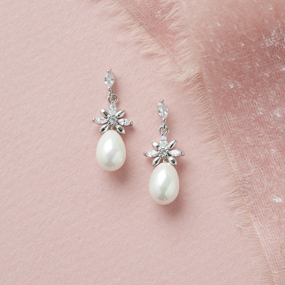 Pearl Drop Bridal Earrings Floral & Pearl Wedding Earrings | Etsy