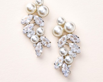 Floral Pearl Earrings • Modern Wedding Drop • Simulated Diamonds • Bridal Jewelry • 4534