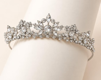 Bridal Tiara, Silver Rhinestone Floral Headpiece, Wedding Crown for Bride ~3498