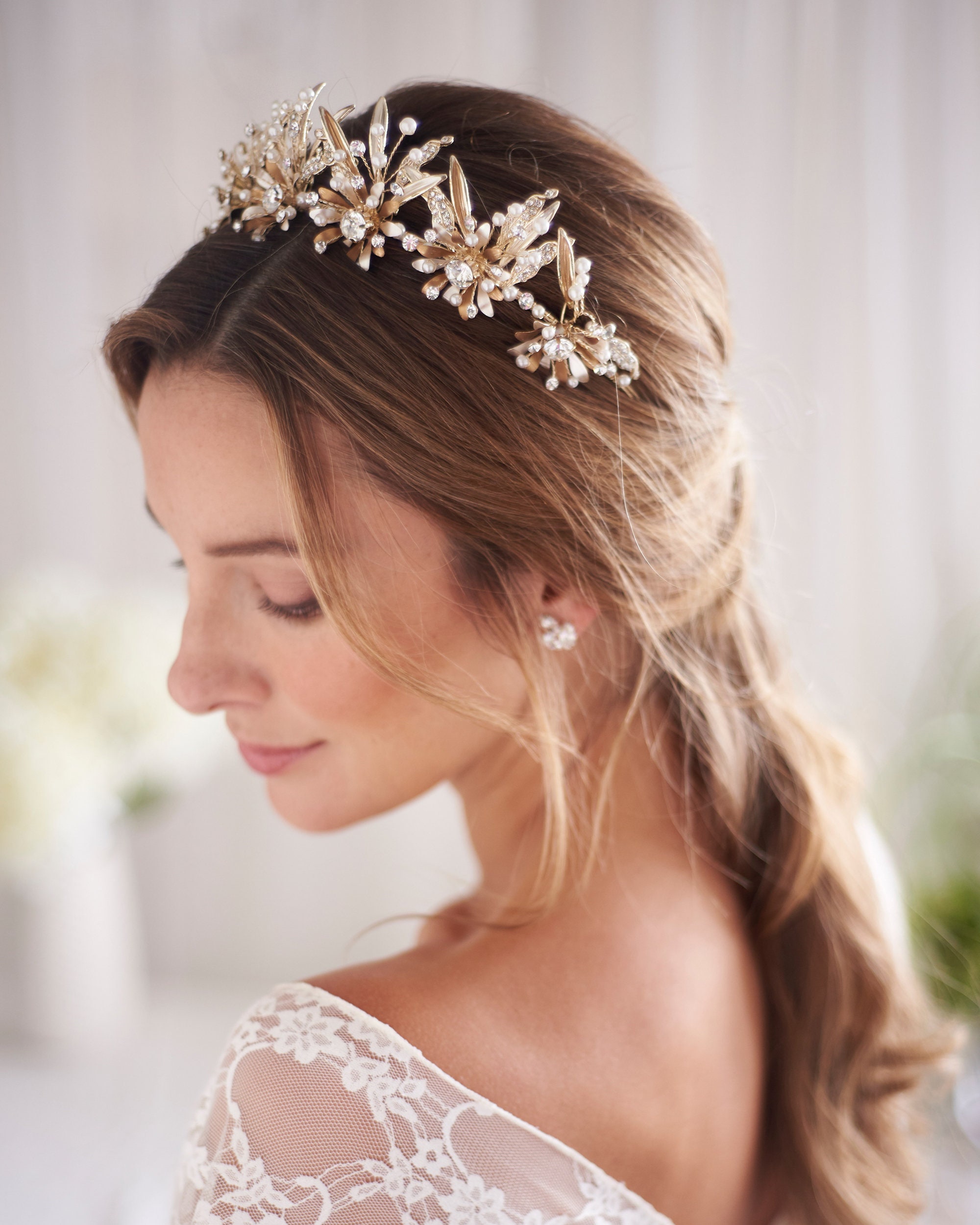 Triplicar Corte de pelo He aprendido Tiara de boda floral de oro Tiara de novia de oro Corona de - Etsy España