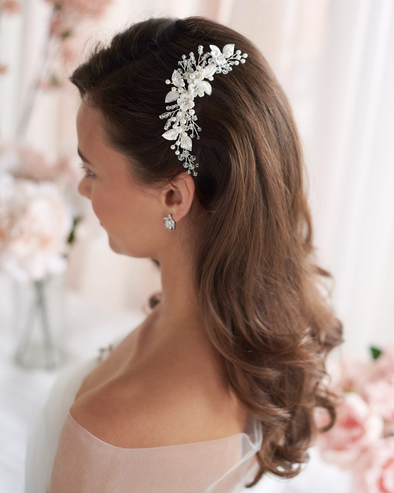 Floral Crystal & Pearl Comb, Crystal Wedding Comb, Bridal Hair Comb, Floral Hair Comb, Pearl Hair Comb, Floral Hair Comb TC-2299 image 4