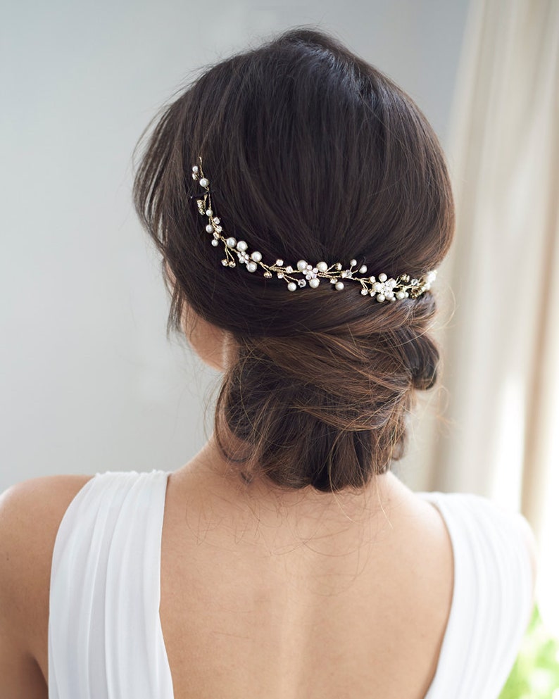 Pearl Vine Wedding Hair Vine, Floral Pearl Bridal Hair Vine, Ribbon Headband Halo, Rhinestone Headband, Delicate Floral Headband TI-3339 image 1