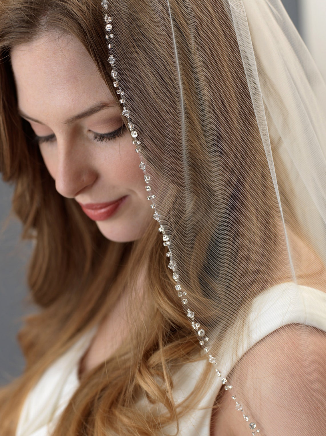 Beaded Wedding Veil Rhinestone Bridal Veil Ivory Veil Elbow Etsy