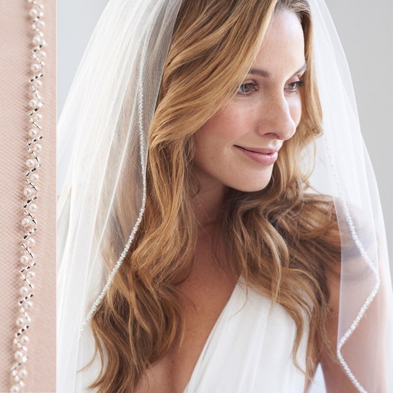 Pearl Bridal Veil Ivory Pearl Wedding Veil Beaded Veil Tulle