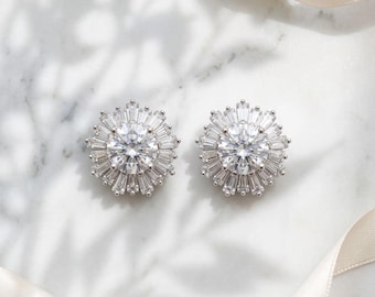 Silver Stud Earrings, Sunburst Cubic Zirconia Bridal Jewelry, Hypoallergenic for Wedding Day ~4565