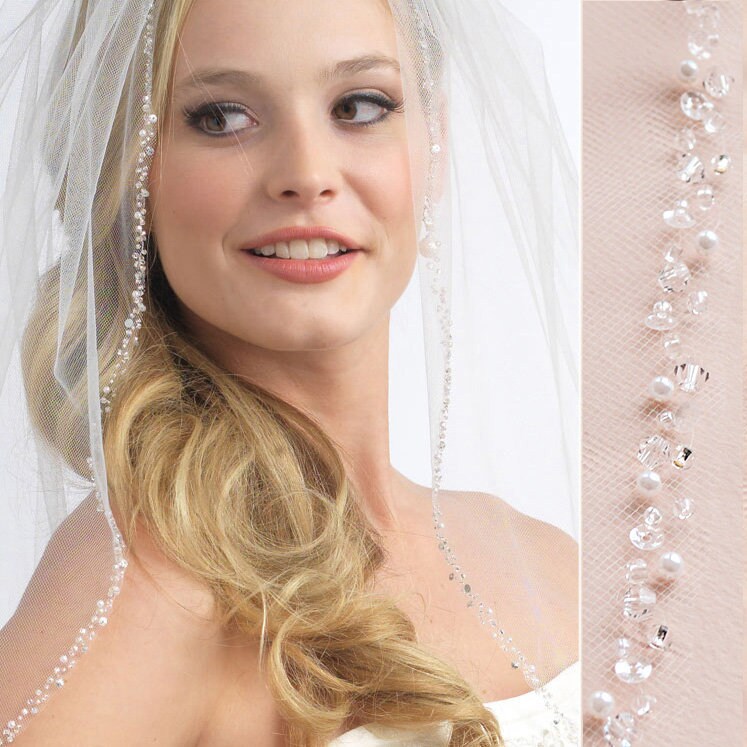Ivory Crystal Pearl Sequin Beaded Edge Long Fingertip Bridal Wedding Veil 