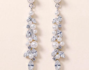 Pearl & Crystal Wedding Earrings • Bridal Dangle Jewelry • Statement  Drop Earrings in Silver • 4554