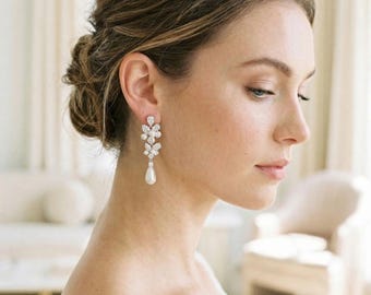 Pearl Drop Bridal Earrings, Silver CZ Cluster Teardrop Wedding Jewelry ~ 4561