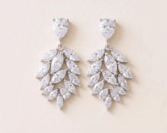 Crystal Leaf Bridal Earrings, Silver CZ Marquise Statement Drops ~ 4560