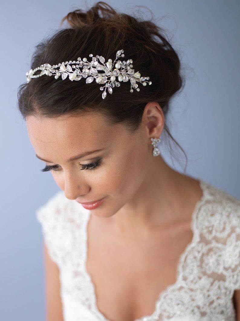 Pearl & Crystal Bridal Headband, Side Wedding Headpiece, Floral Bridal Headband, Floral Wedding Headband, Floral Wedding Hair Accessory3268 image 1