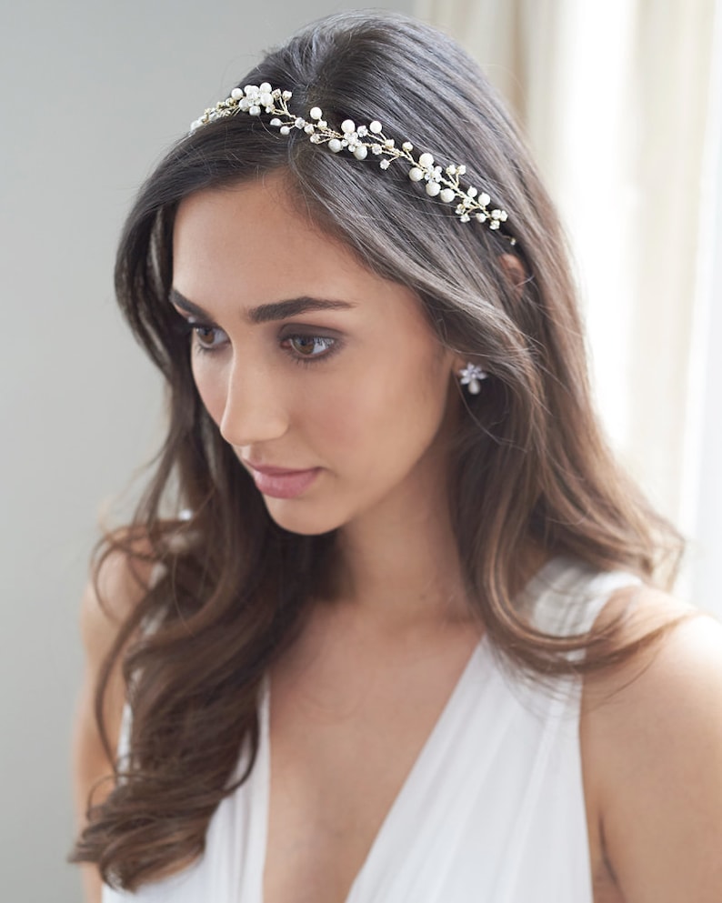 Pearl Vine Wedding Hair Vine, Floral Pearl Bridal Hair Vine, Ribbon Headband Halo, Rhinestone Headband, Delicate Floral Headband TI-3339 image 7