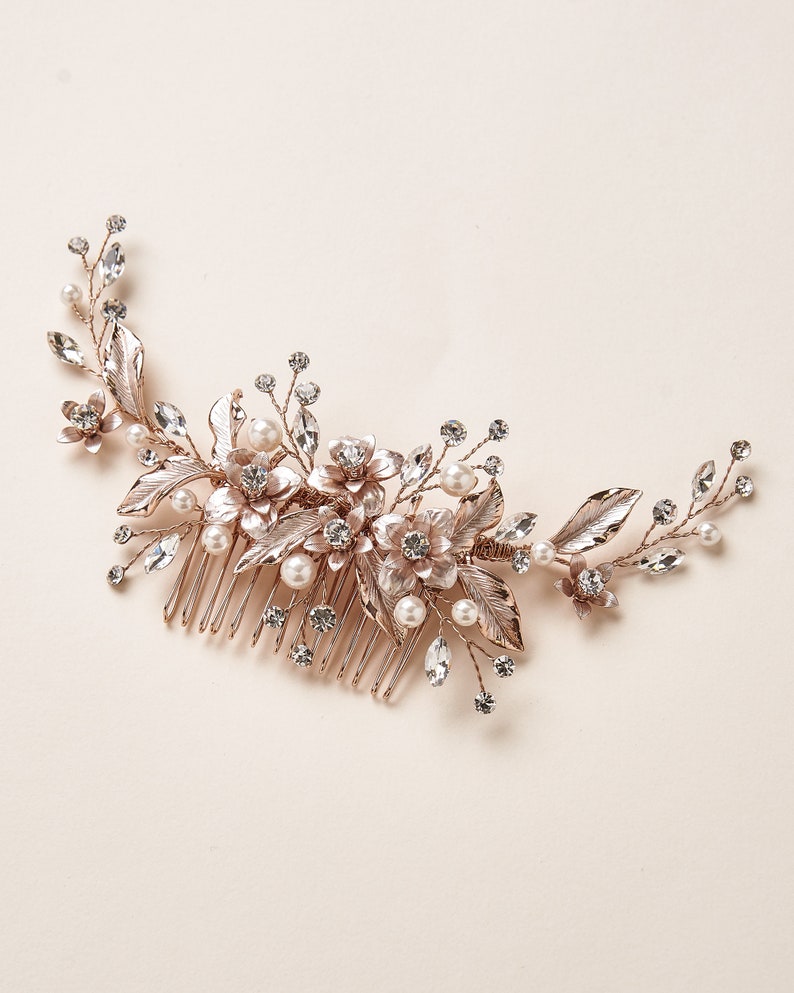 Gold Floral Wedding Back Piece, Pearl Bridal Comb, Gold Flower Comb, Floral Wedding Accessory, Crystal Comb, Rhinestone Gold Comb TC-2326 zdjęcie 8