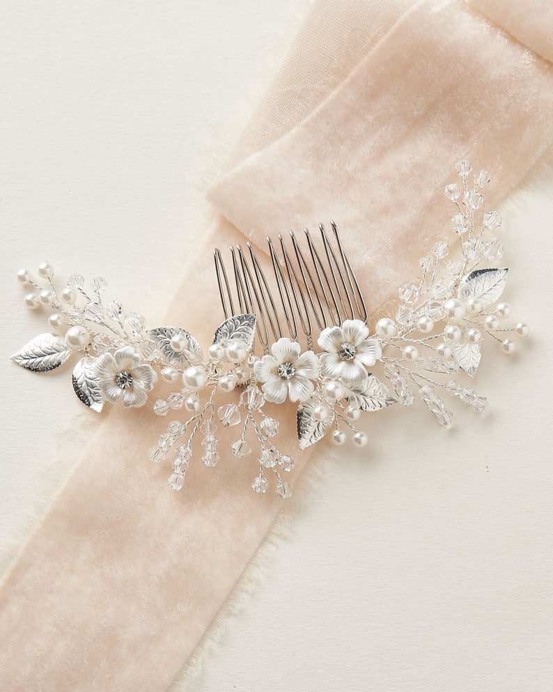 Floral Crystal & Pearl Comb, Crystal Wedding Comb, Bridal Hair Comb, Floral Hair Comb, Pearl Hair Comb, Floral Hair Comb TC-2299 image 5