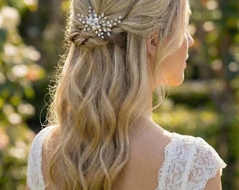 Pearl and Crystal Bridal Comb • Botanical Hair Comb • Silver Wedding Headpiece • Petite Hair Piece • 2560