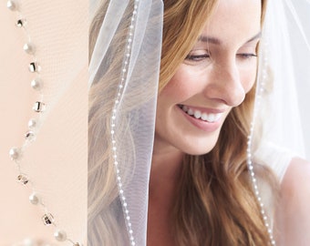 Pearl Bridal Veil, Beaded Wedding Veil, 1 Layer Veil, Ivory Veil, White Veil, Fingertip Veil, Elbow Veil, Veil for Bride, Comb Veil ~VB-5046