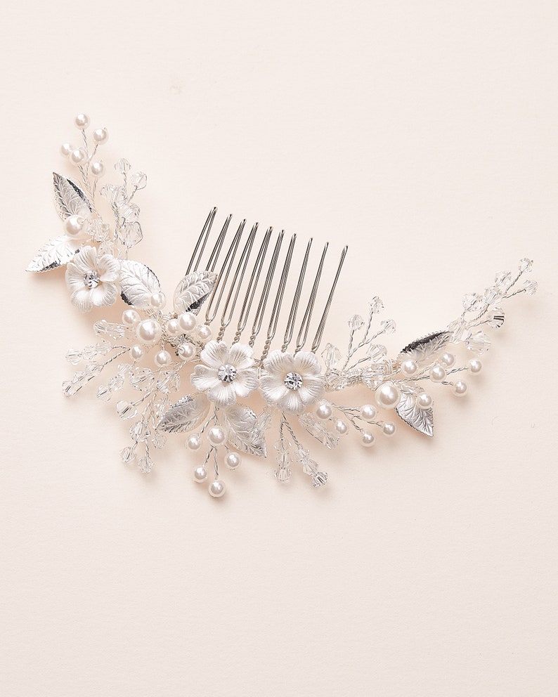 Floral Crystal & Pearl Comb, Crystal Wedding Comb, Bridal Hair Comb, Floral Hair Comb, Pearl Hair Comb, Floral Hair Comb TC-2299 image 2