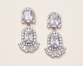 CZ Statement Wedding Earrings,  Bridal Earrings, Wedding Earrings, CZ Bridal Earrings, Wedding Dangle Earrings, Great Gatsby Earrings ~4287