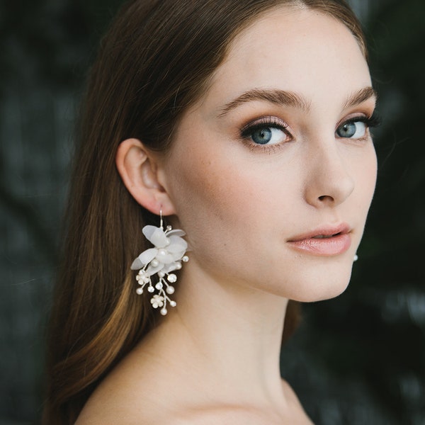 Pearl Wedding Earrings • Floral Pearl Bridal Earrings • Floral Earrings for Bride • Tulle Flower Earrings • Floral Bride Jewelry • 4433