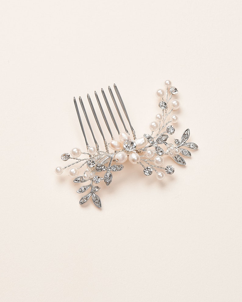 Flower Pearl Bridal Comb, Crystal Wedding Comb, Floral Pearl Rhinestone Comb, Silver Wedding Accessory, Bridal Flower Pearl Comb TC-2330 image 2