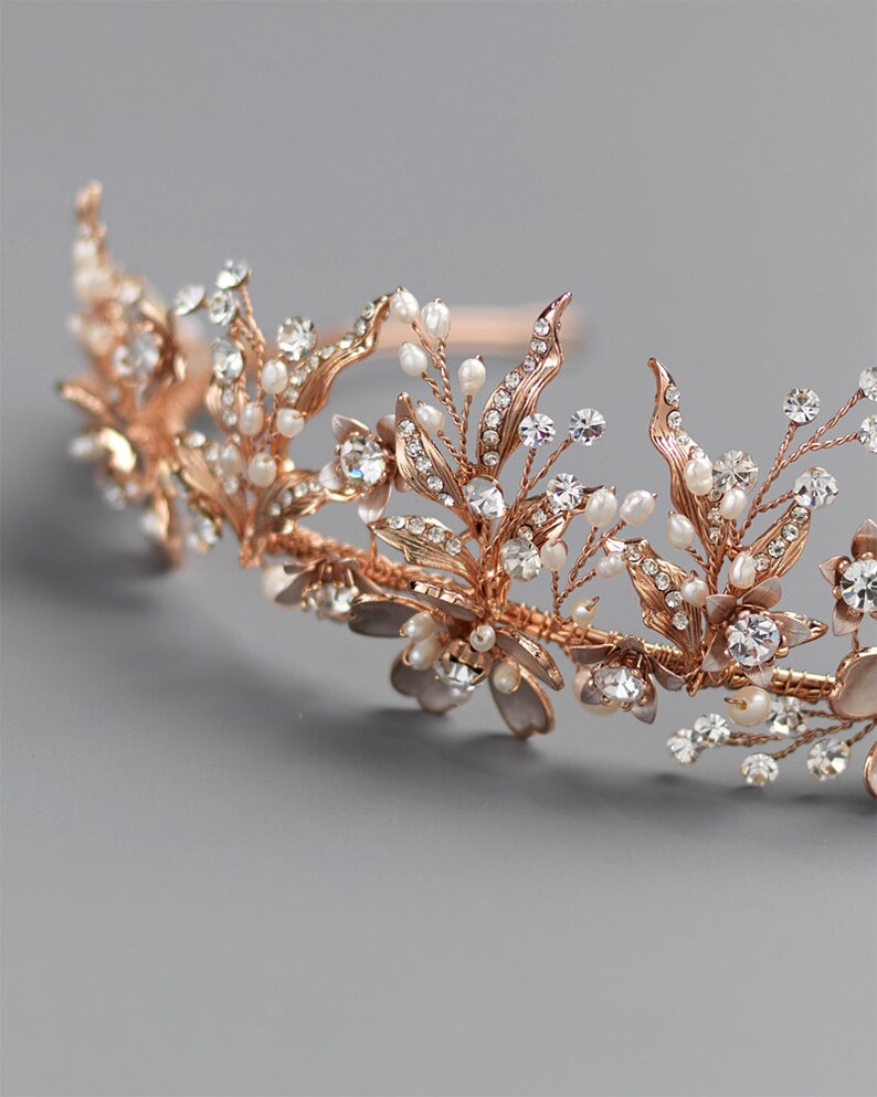 Rose Gold Pearl Tiara Wedding Headpiece Rose Gold Floral Bridal Tiara TI-7049 Bridal Hair Accessory Freshwater Pearl Wedding Crown