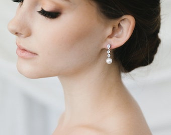 CZ Pearl Wedding Earrings • Pearl Bridal Earrings • Pearl Drop Earrings • Wedding Earrings • Pearl Dangle Earrings • Bridal Earrings • 4443