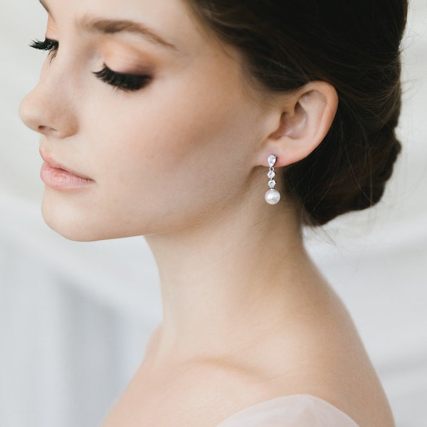 CZ Pearl Wedding Earrings • Pearl Bridal Earrings • Pearl Drop Earrings • Wedding Earrings • Pearl Dangle Earrings • Bridal Earrings • 4443