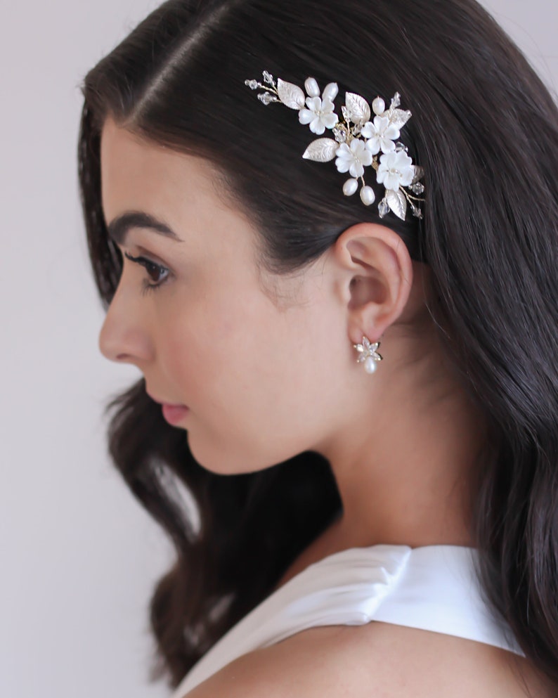 Peigne de mariée doré, peigne de mariage perles et cristal, peigne de mariée floral, peigne de perles d'eau douce, petit peigne de mariage, peigne à cheveux de mariée floral 2476 image 5