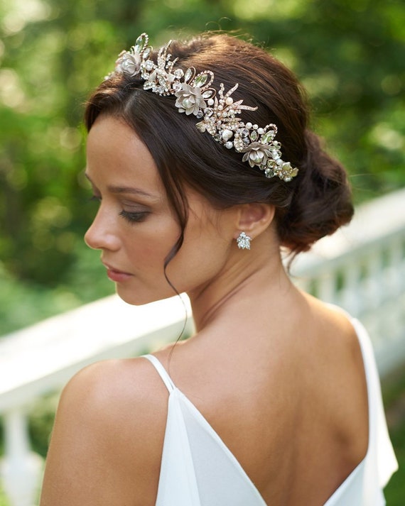 Gold Pearl Tiara, Pearl Bridal Tiara, Wedding Crow