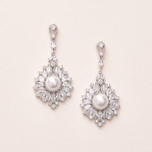 CZ Pearl Bridal Earrings, Pearl Drop Wedding Earrings, Statement Bridal Earrings, CZ Pearl Drop Bridal Earrings, Dangle Bridal Earrings~4222