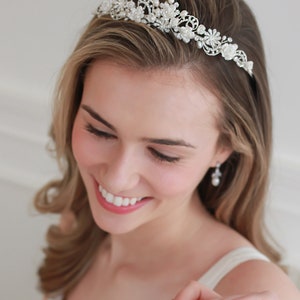 Rhinestone & Pearl Wedding Tiara, Bridal Hair Accessory, Pearl Bridal Tiara, Floral Wedding Crown, Flower Crown, Bridal Headpiece TI-3235 image 5