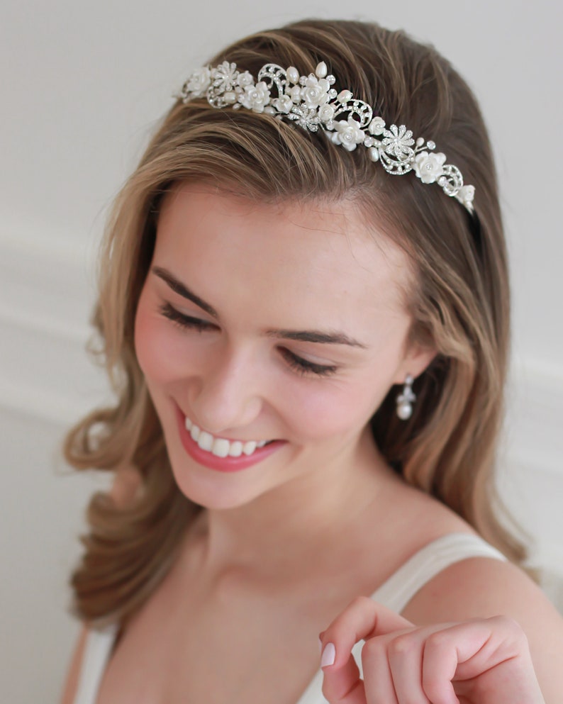 Rhinestone & Pearl Wedding Tiara, Bridal Hair Accessory, Pearl Bridal Tiara, Floral Wedding Crown, Flower Crown, Bridal Headpiece TI-3235 image 5