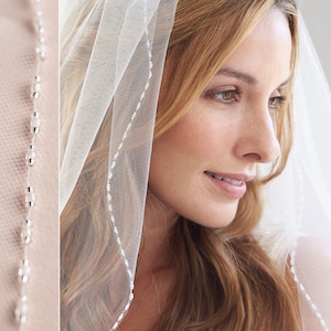 Beaded Wedding Veil, Bridal Veil, Wedding Veil, Fingertip Veil, Beaded Edge Veil, Ivory Veil, White Veil, Bride Veil, 1 Layer Veil ~5057