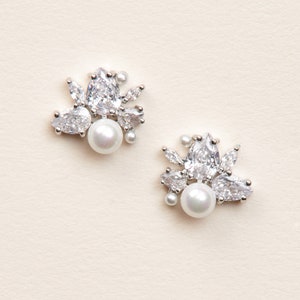 CZ Pearl Stud Earrings • Small Wedding Earrings • Pearl Bridal Earrings • Pearl Bridal Studs • Pearl Studs • Bridesmaid Earrings • 4404