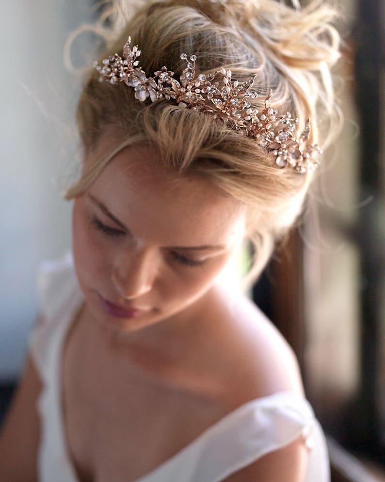 Rose Gold Pearl Tiara Wedding Headpiece Rose Gold Floral Bridal Tiara TI-7049 Bridal Hair Accessory Freshwater Pearl Wedding Crown